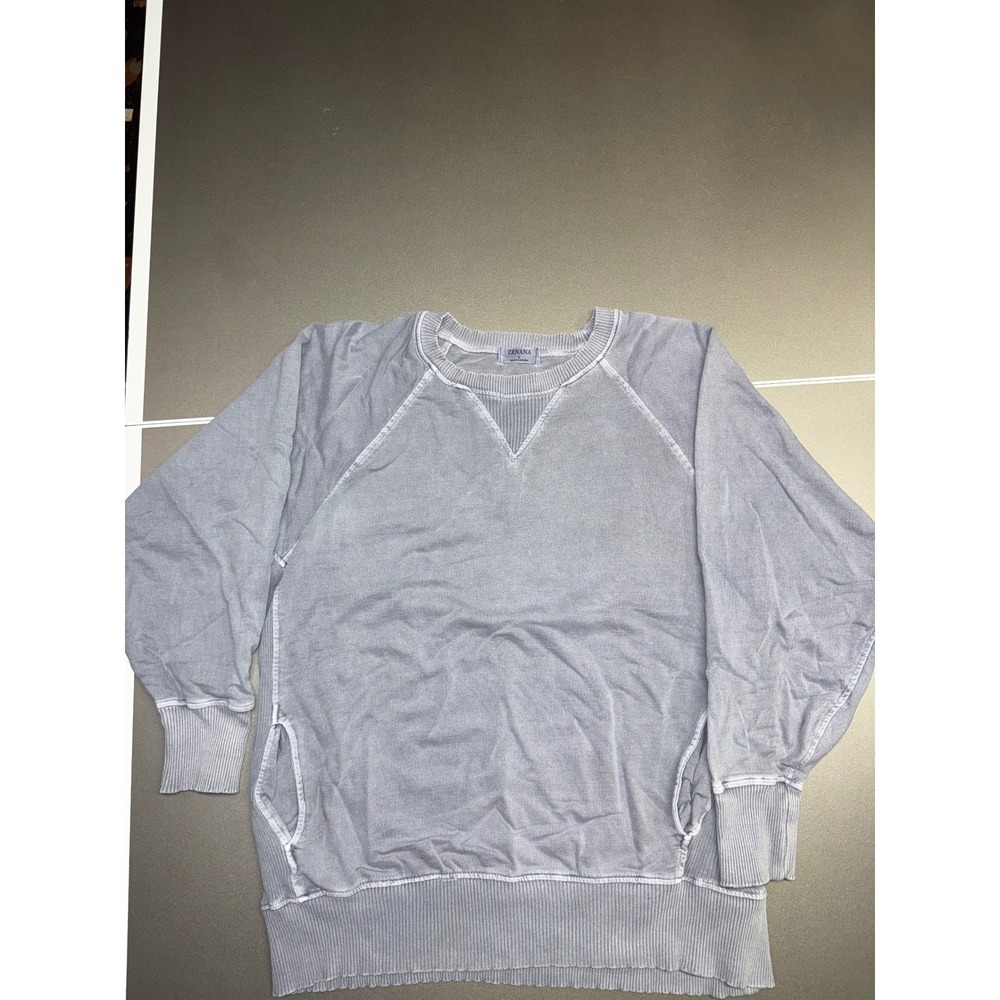 Zenana Outfitters Grey Acid Wash Raglan Sweatshirt Pullover Pockets Large